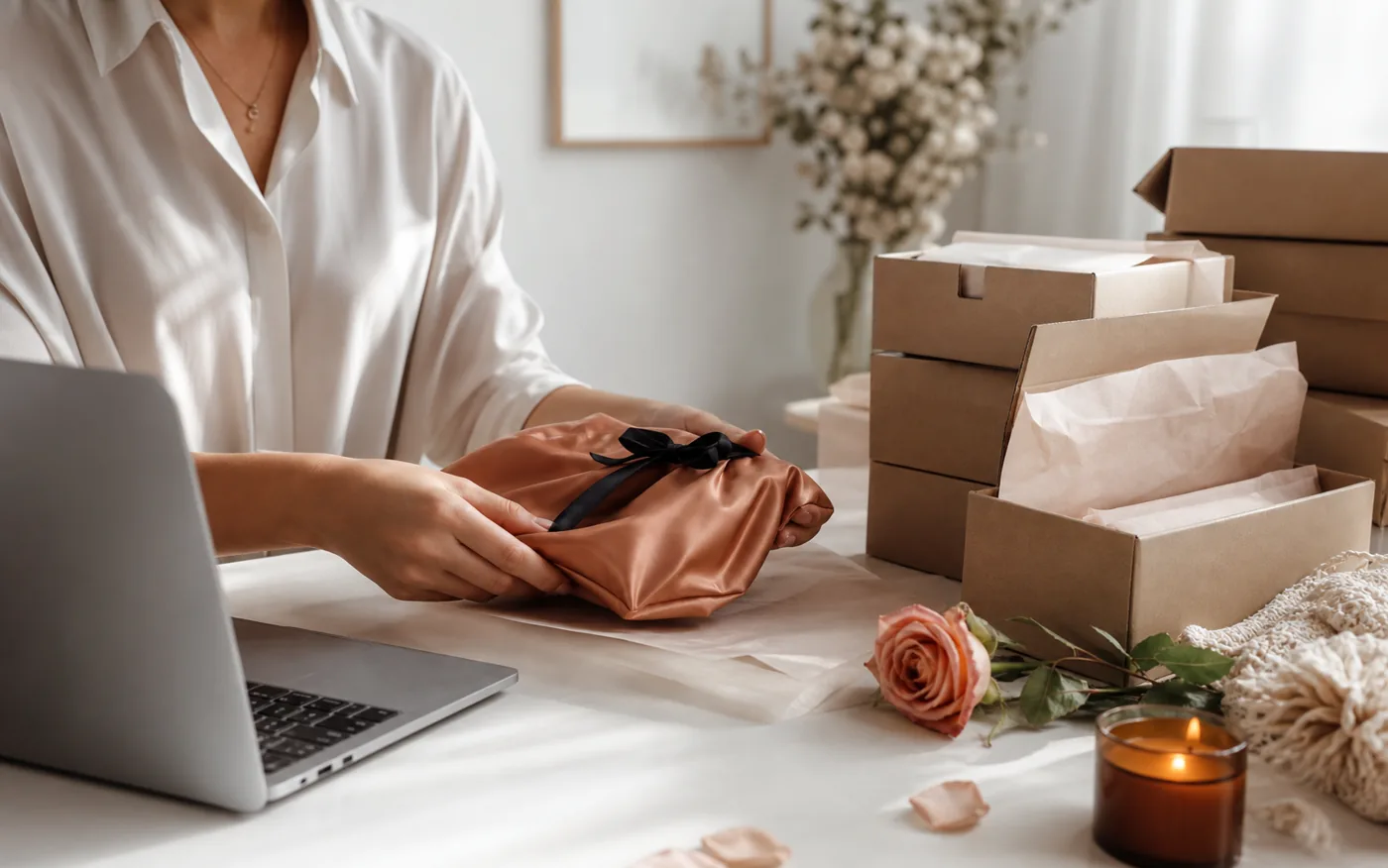 Diskreter Verkäuferinnen-Start mit neutraler Verpackung und ruhigem Arbeitsplatz
