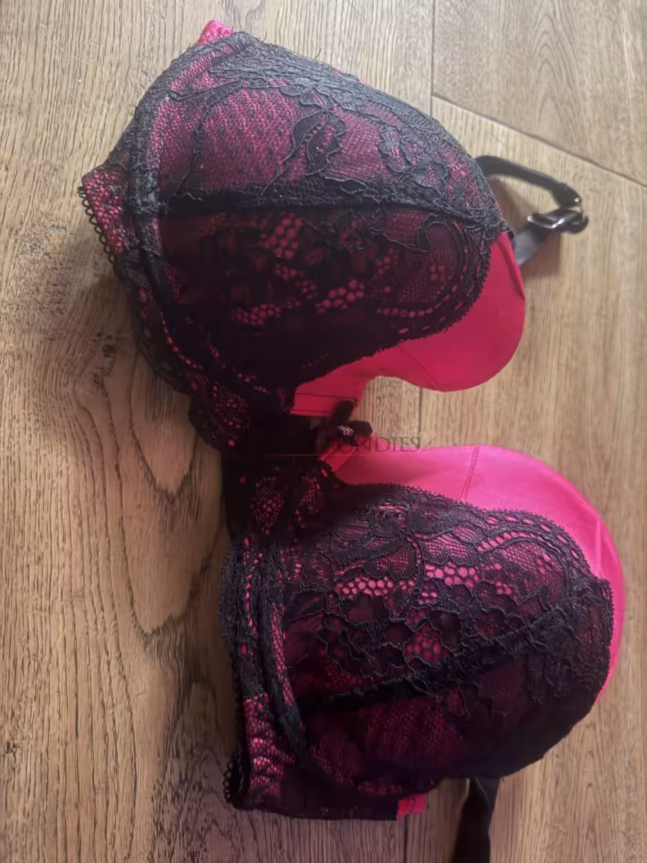 Pink-Schwarzer Spitzen BH mit Strassensteinen und Schleife – Bild 3