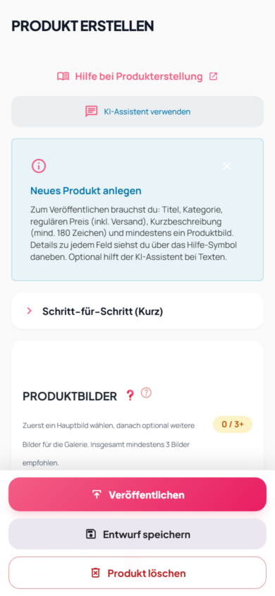 Vendor Produkt erstellen mobil