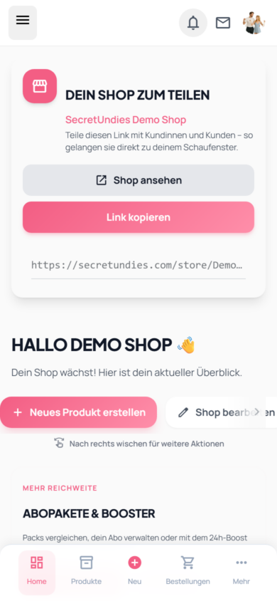 Vendor Dashboard Übersicht mobil